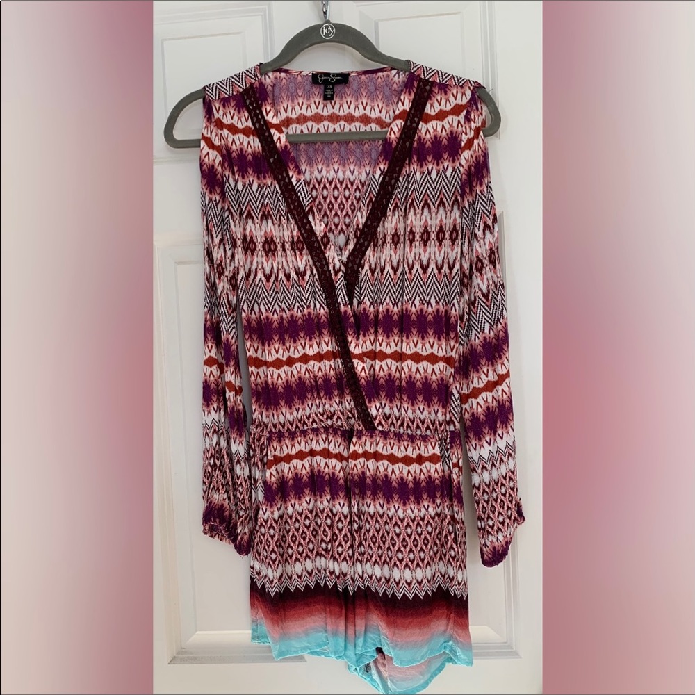 Jessica Simpson Longsleeve Maroon Patterned Romper